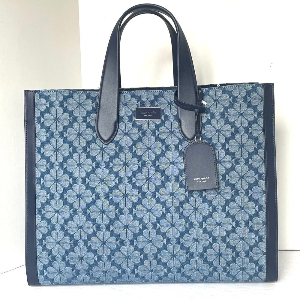 Kate Spade Jacquard Denim Large Manhattan Tote Bag Blue Flower Shoulder Strap - Picture 13 of 13